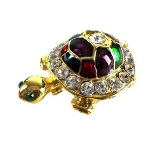 Gold Tone Jeweled Turtle Brooch Multicolor Crystal Accents & Enamel